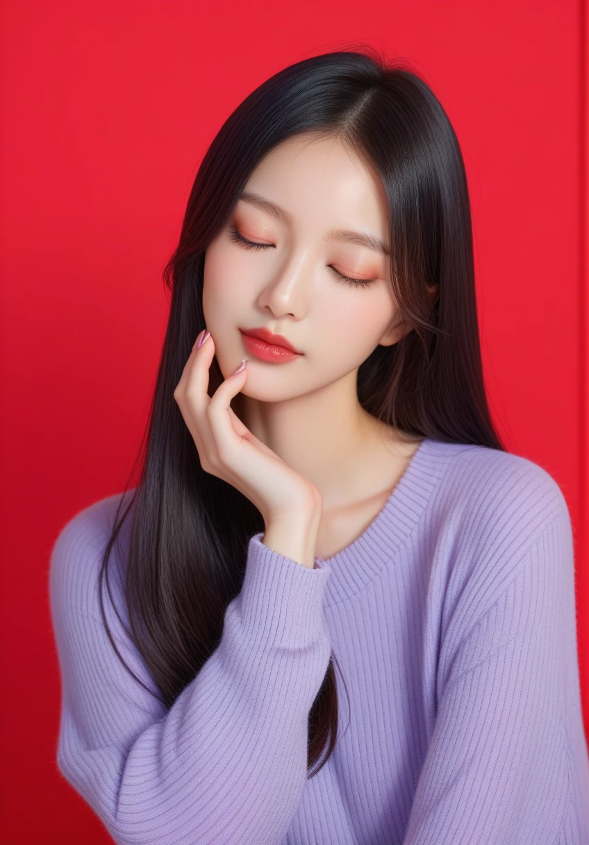 ,score_9,score_8_superior,score_7_superior, 20-year-old, 8k, High resolution, beautiful girl, Black Hair, Very long hair, Straight hair, Mouth closed,
One girl, Detailed face, Beautiful woman face, sweater, Red background, View your viewers,