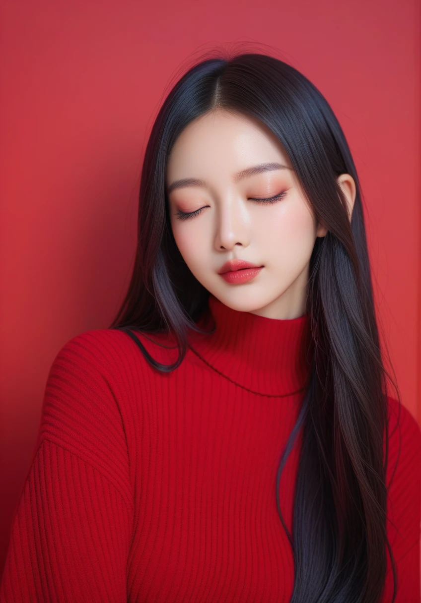 ,score_9,score_8_superior,score_7_superior, 20-year-old, 8k, High resolution, beautiful girl, Black Hair, Very long hair, Straight hair, Mouth closed,
One girl, Detailed face, Beautiful woman face, sweater, Red background, View your viewers,