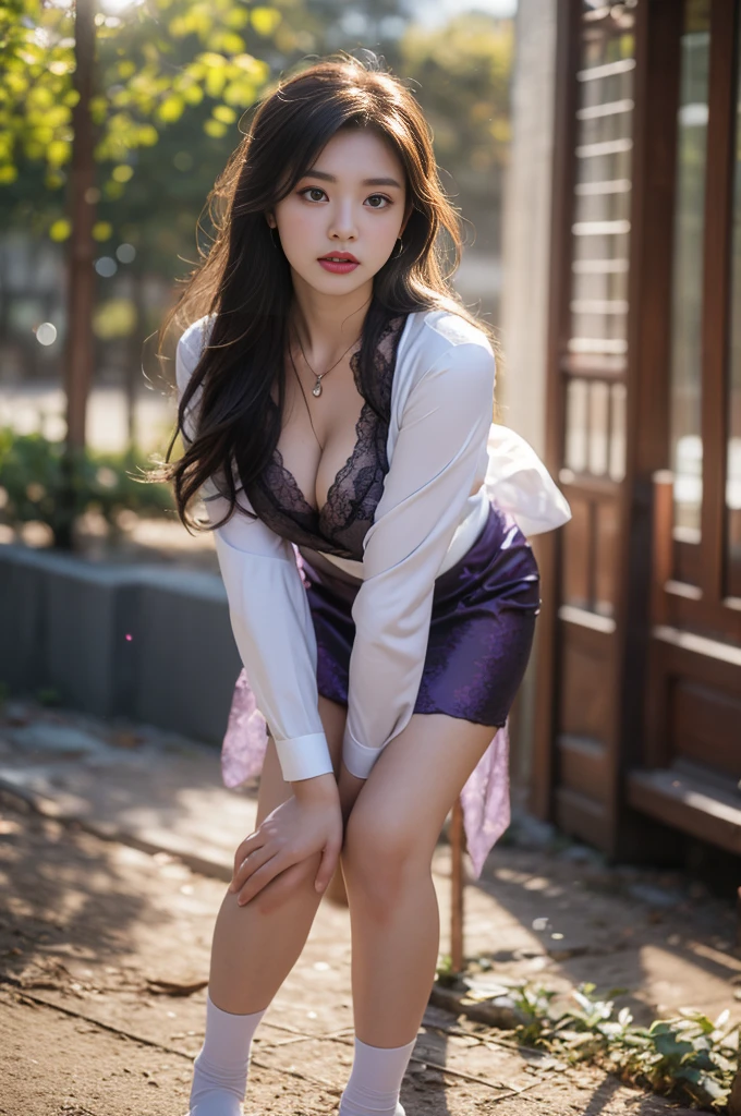 1 beautiful girl in Hanfu costume, ((black thin purple silk shirt with a lot of texture)), white lace top, long purple platinum ponytail Hair, Jewelry, ear jewelry, necklaces and necklaces, carefully drawn big purple eyes, makeup careful, thin eyebrows, high nose, beautiful red lips, no smile, pursed lips, rosy cheeks, wide breasts, big breasts, proportional breasts, slim waist, purple fishnet socks, chinese hanfu style, fictional art texture, colorful bright and realistic, RAW Photo, Realistic Photo, ultra high quality 8k surreal photo, (effective fantasy light effect: 1.8), 10x pixels, magical effect (Background): 1.8), ultradetailed eyes, full body portrait of girl , Chinese royal garden background, dynamic pose