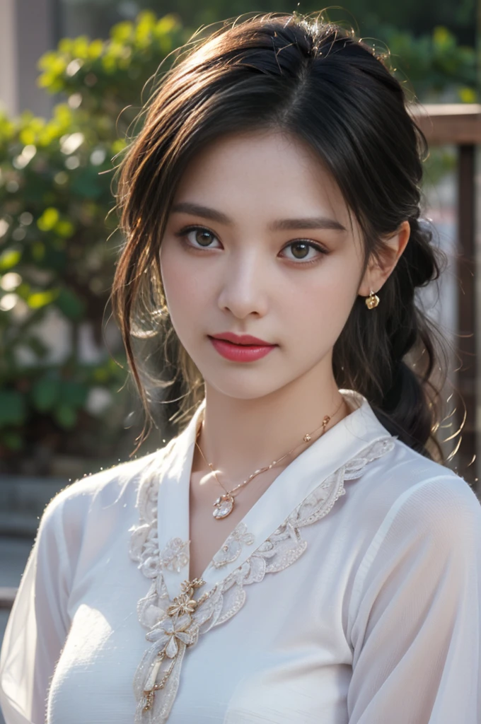 1 beautiful girl in Hanfu costume, ((black purple thin silk shirt nightgown with many patterns)), white lace nightgown, long platinum purple ponytail Hair, Jewelry, ear jewelry , necklace and necklace, carefully drawn big purple eyes, careful makeup, Thin eyebrows, high nose, beautiful red lips, no smile, pursed lips, pink cheeks, wide chest, big chest, proportional chest , slim waist, purple fishnet stockings, feet in white shoes, Chinese hanfu style, fictional art texture, many bright and realistic colors, RAW photos, Realistic photos, ultra-high quality 8k surreal photos tall, (effective fantasy lighting effect: 1.8), 10 x pixels, magic effect (Background): 1.8), super detailed eyes, full body portrait of girl, Chinese royal garden background , dynamic posture