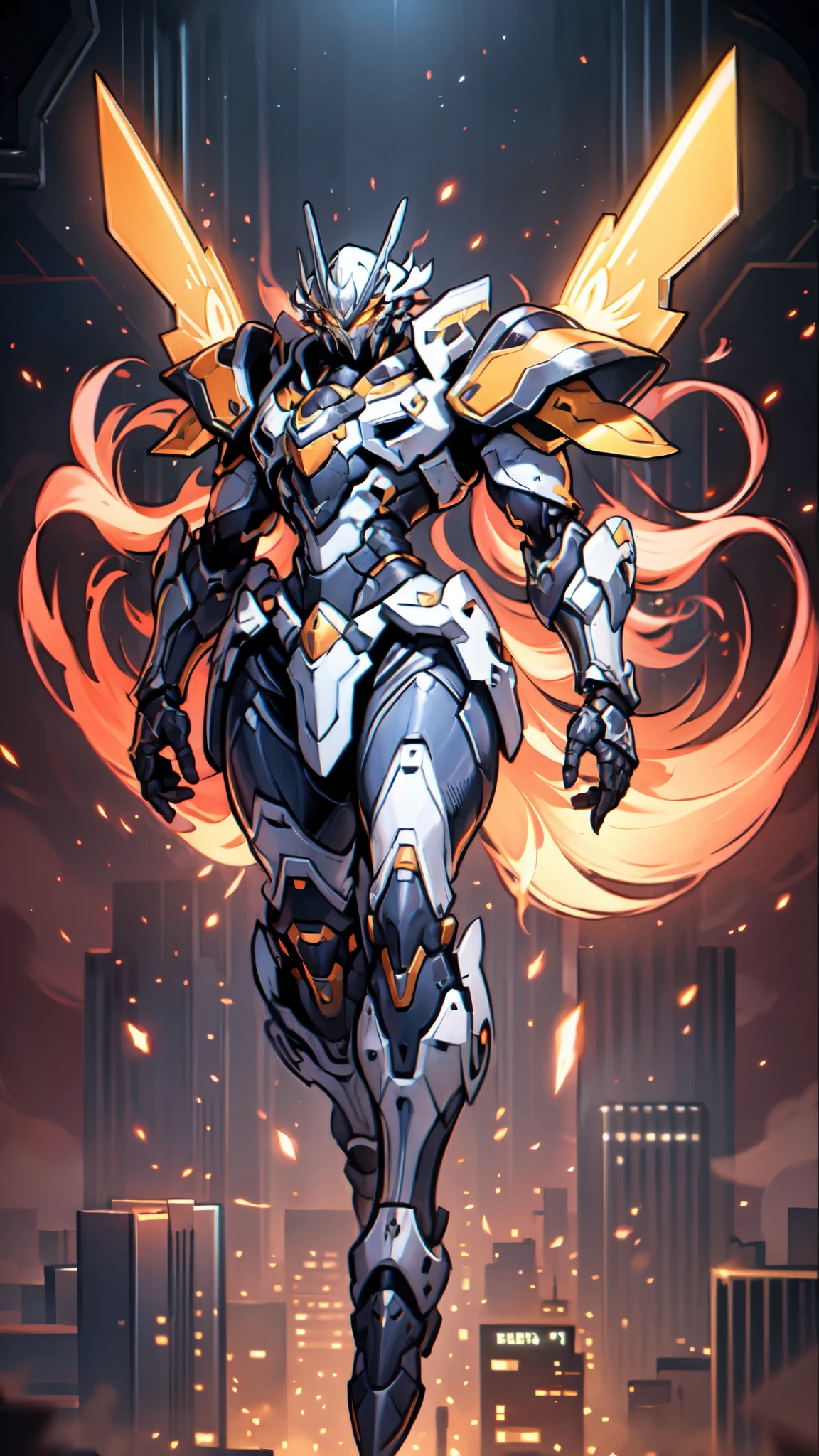 (masterpiece:1.5, best quality:1.5, extremely delicate:1.5), humanoid Mecha, fully enclosed shoulder guards, matching arm and leg guards, full body, full armor, the design balances heavy with agility, (the color scheme is primarily white with red and blue accents, the concept Inspired by Super robot, organic biotech armor, standing, floating high above the futuristic sci-fi city), exquisite and mature art style, (aura effect, energy, glowing eyes, the armor glows), metallic, dramatic, high definition, highres, ultra-detailed, ultra-fine painting, professional, perfect body proportions, anatomically correct, symmetrical face, extremely detailed eyes and face, high quality eyes, creativity, RAW photo, UHD, 32k, Natural light, cinematic lighting, masterpiece-anatomy-perfect