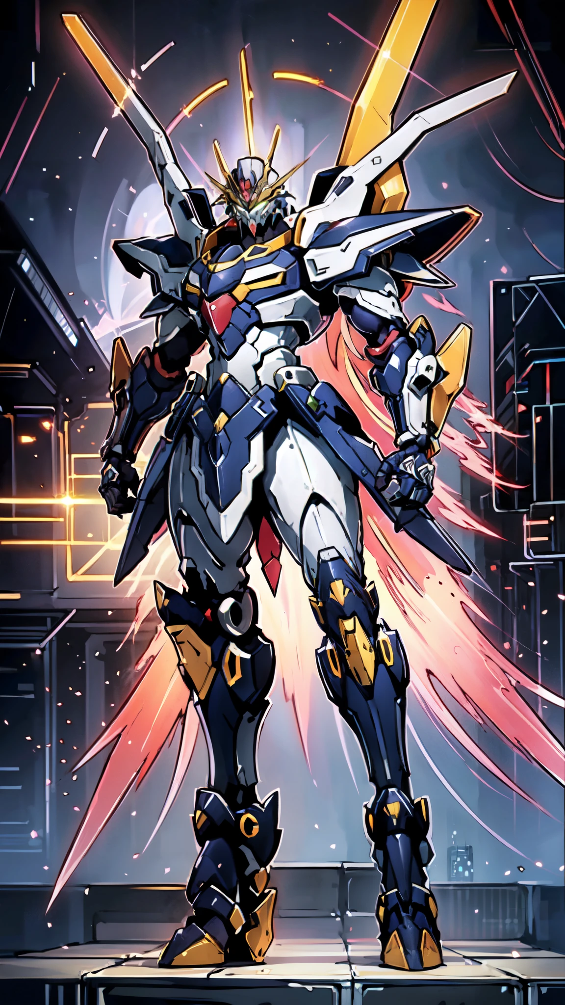 (masterpiece:1.5, best quality:1.5, extremely delicate:1.5), humanoid Mecha, fully enclosed shoulder guards, matching arm and leg guards, full body, full armor, the design balances heavy with agility, (the color scheme is primarily white with red and blue accents, the concept Inspired by Super robot, organic biotech armor, standing, floating high above the futuristic sci-fi city), exquisite and mature art style, (aura effect, energy, glowing eyes, the armor glows), metallic, dramatic, high definition, highres, ultra-detailed, ultra-fine painting, professional, perfect body proportions, anatomically correct, symmetrical face, extremely detailed eyes and face, high quality eyes, creativity, RAW photo, UHD, 32k, Natural light, cinematic lighting, masterpiece-anatomy-perfect