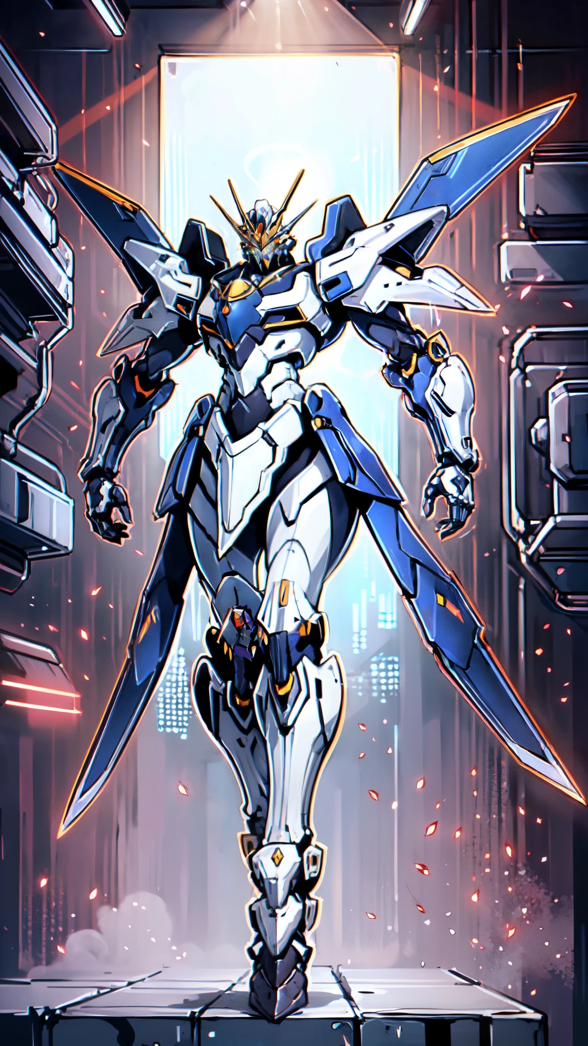 (masterpiece:1.5, best quality:1.5, extremely delicate:1.5), humanoid Mecha, fully enclosed shoulder guards, matching arm and leg guards, full body, full armor, the design balances heavy with agility, (the color scheme is primarily white with red and blue accents, the concept Inspired by Super robot, organic biotech armor, standing, floating high above the futuristic sci-fi city), exquisite and mature art style, (aura effect, energy, glowing eyes, the armor glows), metallic, dramatic, high definition, highres, ultra-detailed, ultra-fine painting, professional, perfect body proportions, anatomically correct, symmetrical face, extremely detailed eyes and face, high quality eyes, creativity, RAW photo, UHD, 32k, Natural light, cinematic lighting, masterpiece-anatomy-perfect