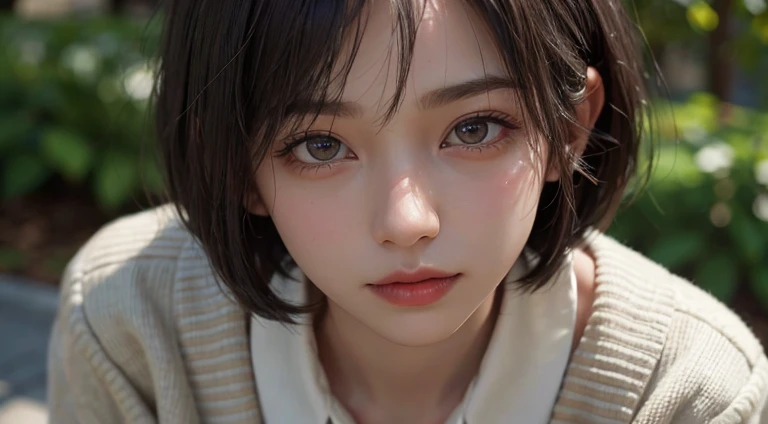 (Bob Cut Hair:1.2),(Wear a cardigan over a collared shirt:1.2),1 girl,Japanese,21 years old,(Small breasts:1.3),(Highest quality,masterpiece:1.3,超A high resolution,),(Ultra-detailed,Caustics),(Photorealistic:1.4,RAW shooting,)Ultra-Realistic Capture,Very detailed,High resolution 16K human skin close-up。 Natural skin texture、,Pores、、It needs to be detailed enough to be easily identifiable。 Skin should be even-toned and healthy looking。 Use natural light and colour, Sad expression, Looking at the camera, Perfect dynamic composition, Outdoor