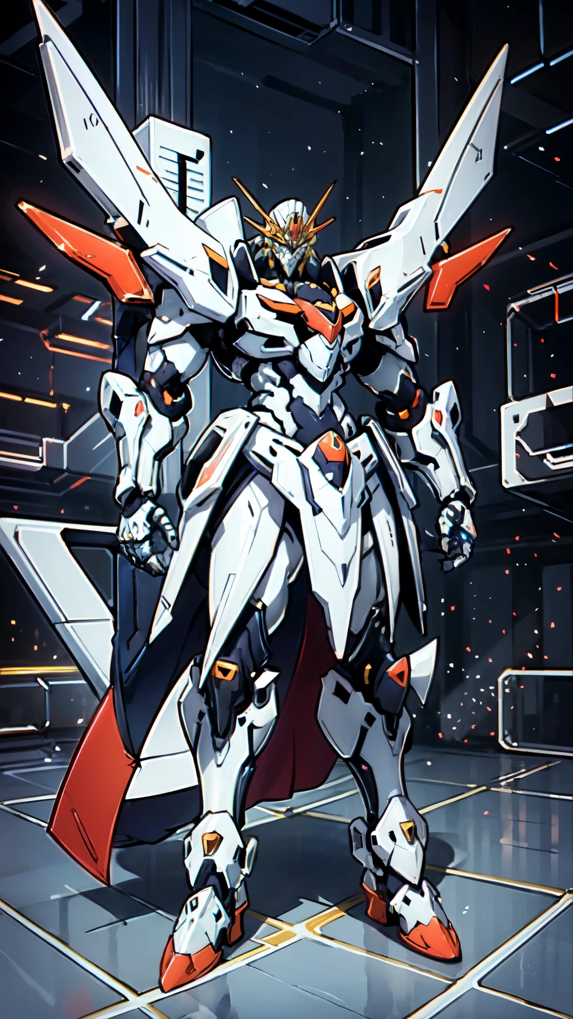 (masterpiece:1.5, best quality:1.5, extremely delicate:1.5), humanoid Mecha, fully enclosed shoulder guards, matching arm and leg guards, full body, full armor, the design balances heavy with agility, (the color scheme is primarily white with red and blue accents, the concept Inspired by Super robot, organic biotech armor, standing, floating high above the futuristic sci-fi city), exquisite and mature art style, (aura effect, energy, glowing eyes, the armor glows), metallic, dramatic, high definition, highres, ultra-detailed, ultra-fine painting, professional, perfect body proportions, anatomically correct, symmetrical face, extremely detailed eyes and face, high quality eyes, creativity, RAW photo, UHD, 32k, Natural light, cinematic lighting, masterpiece-anatomy-perfect