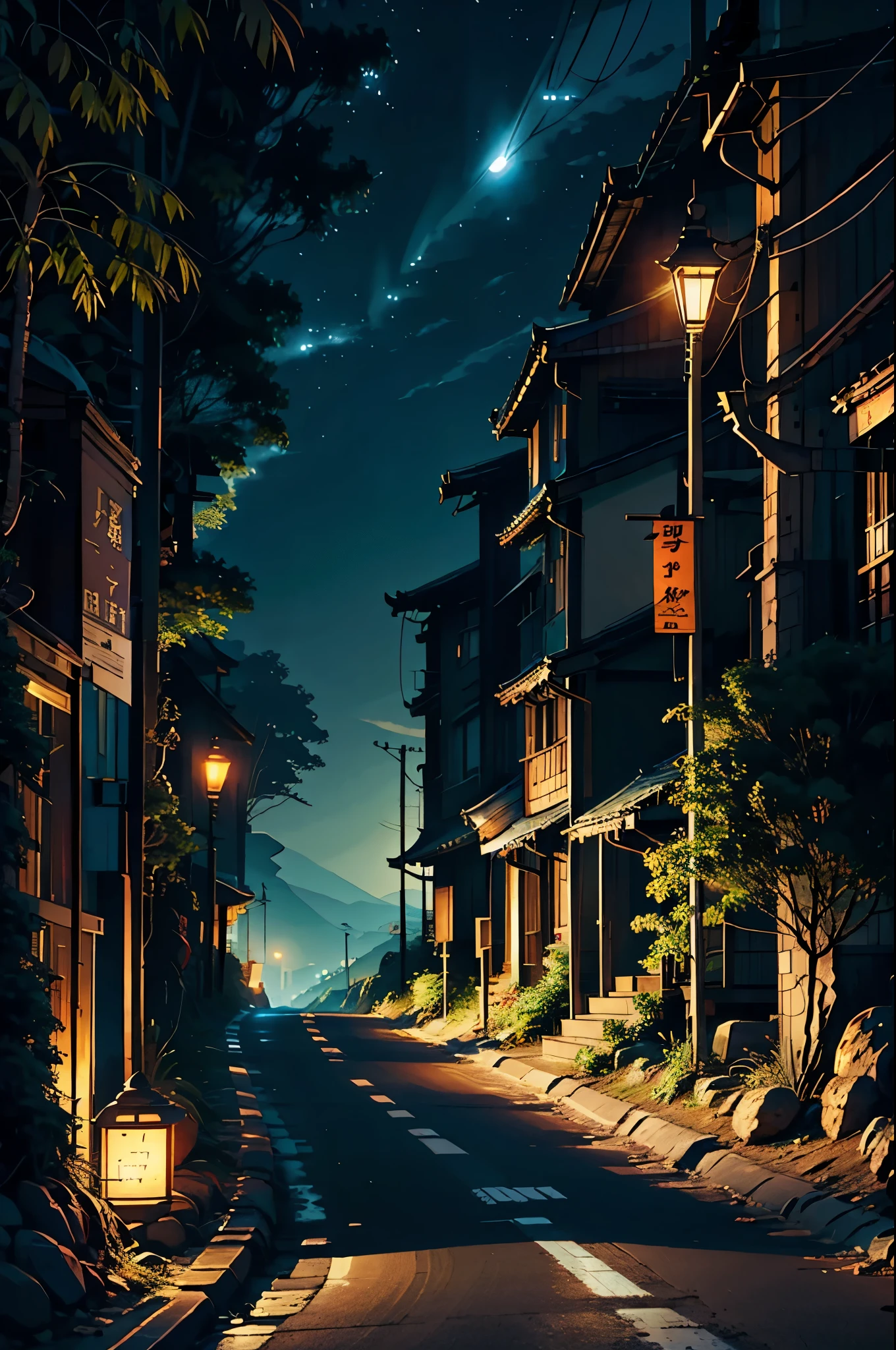 Straight road through hilly area, There is a street lamp on the side. night間に ,Chillout、night