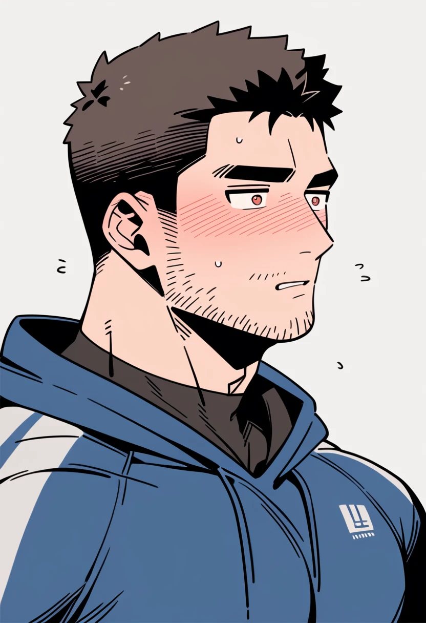 anime characters：Chris Redfield, Muscle Sports Student, Buzz Cut, Manliness, male focus, Sports tight hooded sweatshirt, Wear a black high-necked tights inside, Very tight, full and perky chest muscles, muscular male, muscular, only, Upper body, alone, Red short hair, Thick eyebrows, stubble, Brown-red pupils, White background, simple background, amazing quality, best aesthetics, Ridiculous, crew cut, parted lips, flustered, endured face, shy, blush, negative space, best quality