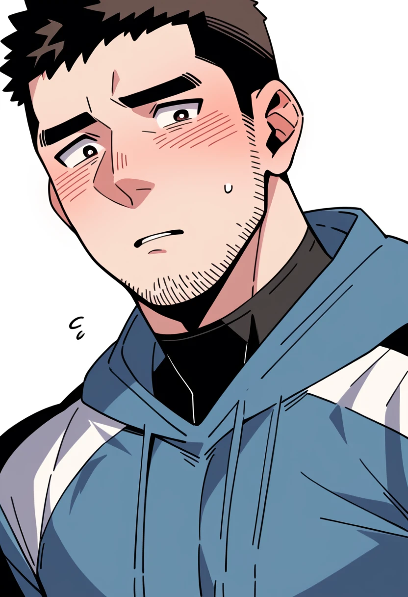 anime characters:Chris Redfield, Muscle Sports Student, Buzz Cut, Manliness, male focus, Sports tight hooded sweatshirt, Wear a black high-necked tights inside, Very tight, full and perky chest muscles, muscular male, muscular, only, Upper body, alone, Red short hair, Thick eyebrows, stubble, Brown-red pupils, White background, simple background, amazing quality, best aesthetics, Ridiculous, crew cut, parted lips, flustered, endured face, shy, blush, negative space, best quality
