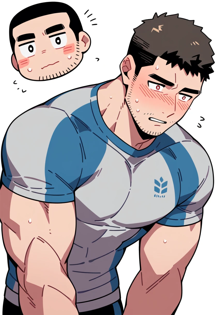 anime characters：Chris Redfield, Muscle Sports Student, Buzz Cut, Manliness, male focus, Sports tight hooded sweatshirt, Wear a black high-necked tights inside, Very tight, full and perky chest muscles, muscular male, muscular, only, Upper body, alone, Red short hair, Thick eyebrows, stubble, Brown-red pupils, White background, simple background, amazing quality, best aesthetics, Ridiculous, crew cut, parted lips, flustered, endured face, shy, blush, negative space, best quality