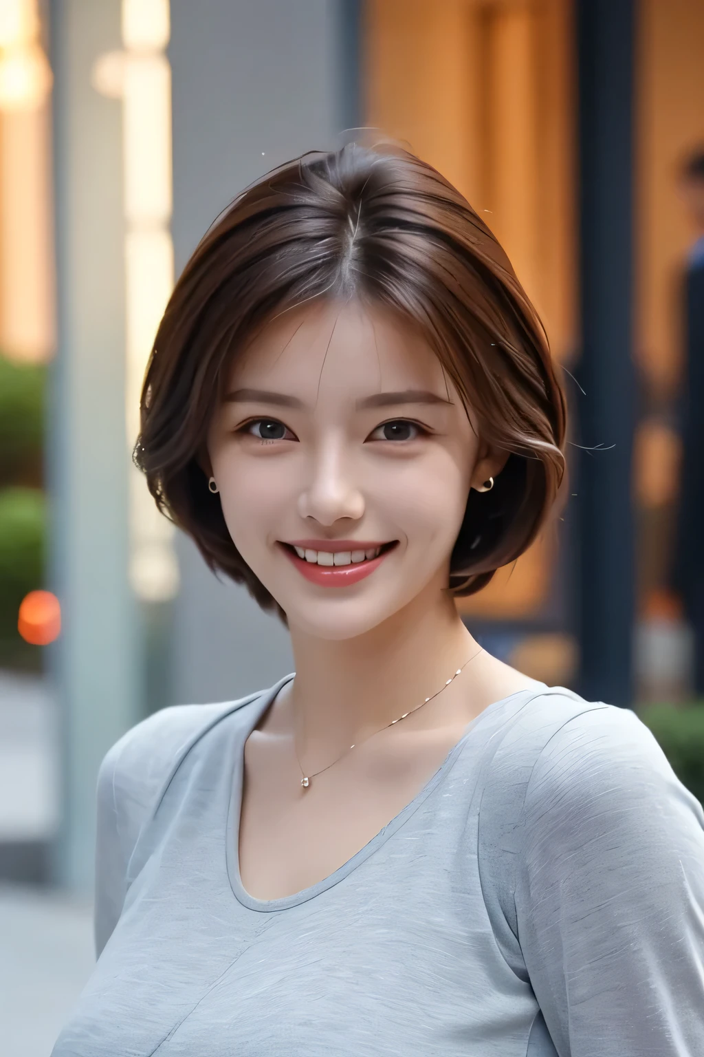 ((masterpiece)), ((Highest quality)), ((Complex)), ((Surreal)), (Realistic), (Mature Woman), ((No classes)), Very detailed, (1 female), Beautiful and exquisite, (Beautiful Teeth), Grin, Brunette Bob Hair, Brown eyes, ((blouse)), (Upper Body), (background:none), Perfect Eyes, Captivating eyes, Looking at the audience