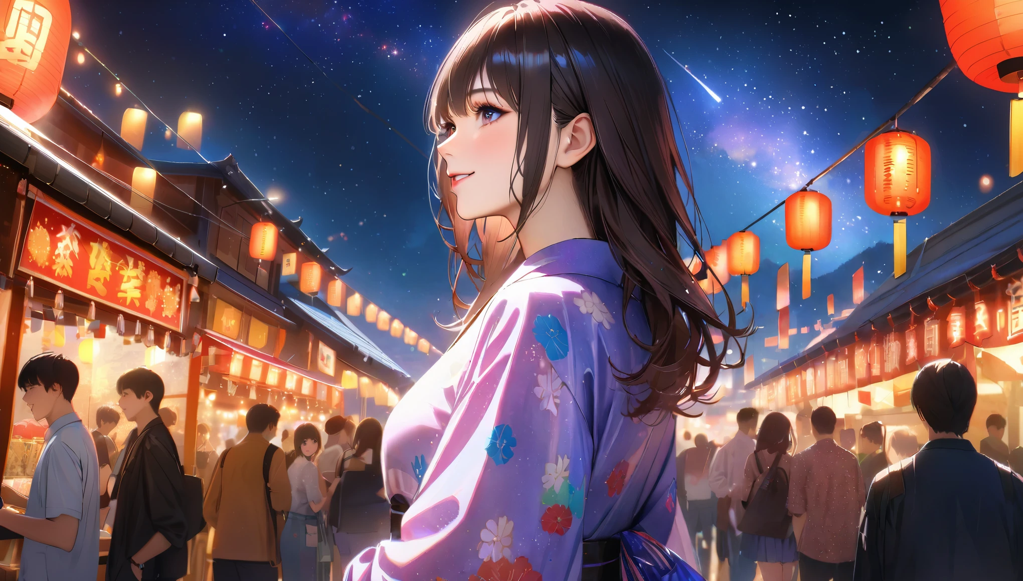 Summer festival,Date with her,night, Starry Sky,yukata,Gazing at the sky,high school girl,smile,Glitter effect,Highest quality, 8k, High resolution, masterpiece:1.2, Very detailed, Realistic:1.37, High resolution, 超High resolution, Ultra-fine painting, Very detailed, Professional, Vibrant colors