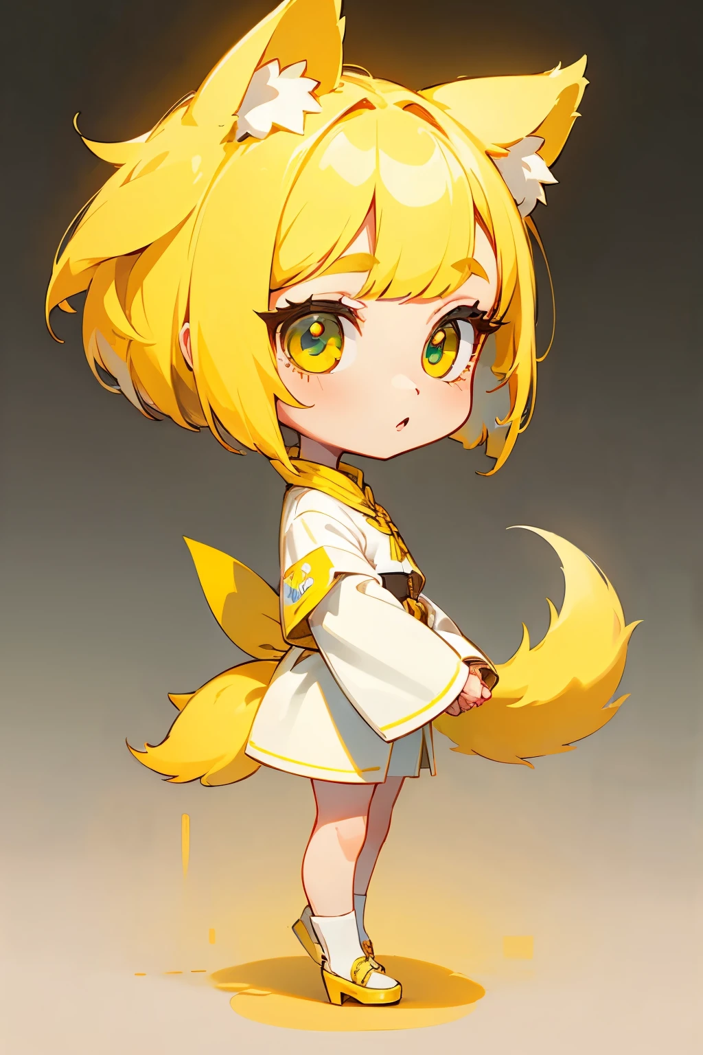 girl, full body, side view, say sorry, cartoon style, chibi style, cute, dog ear, beautiful face, yellow color eye, beautiful eye, high detailed pupil, double eyelid, high detailed skin, high quality skin, yellow color hair, bob cut hair, dog tail, white clothes, professional lighting, real shadow, masterpiece,