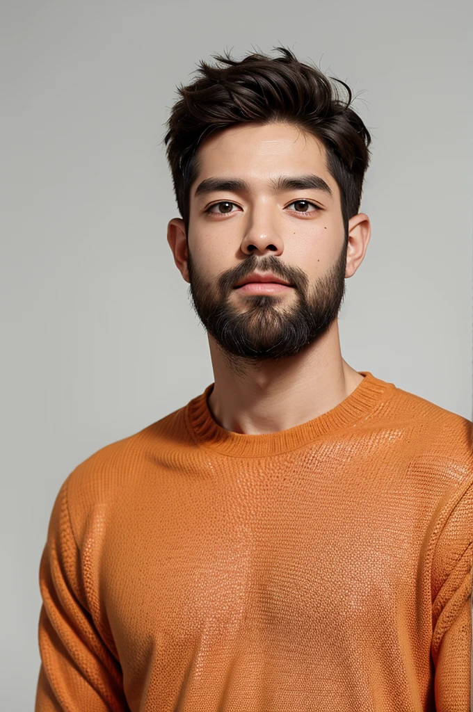 handsome male,beard,upper body portrait,orange sweater,white background,