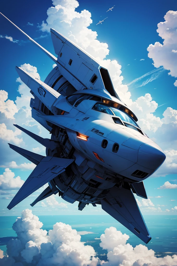 a spaceship flying in the blue sky with clouds 