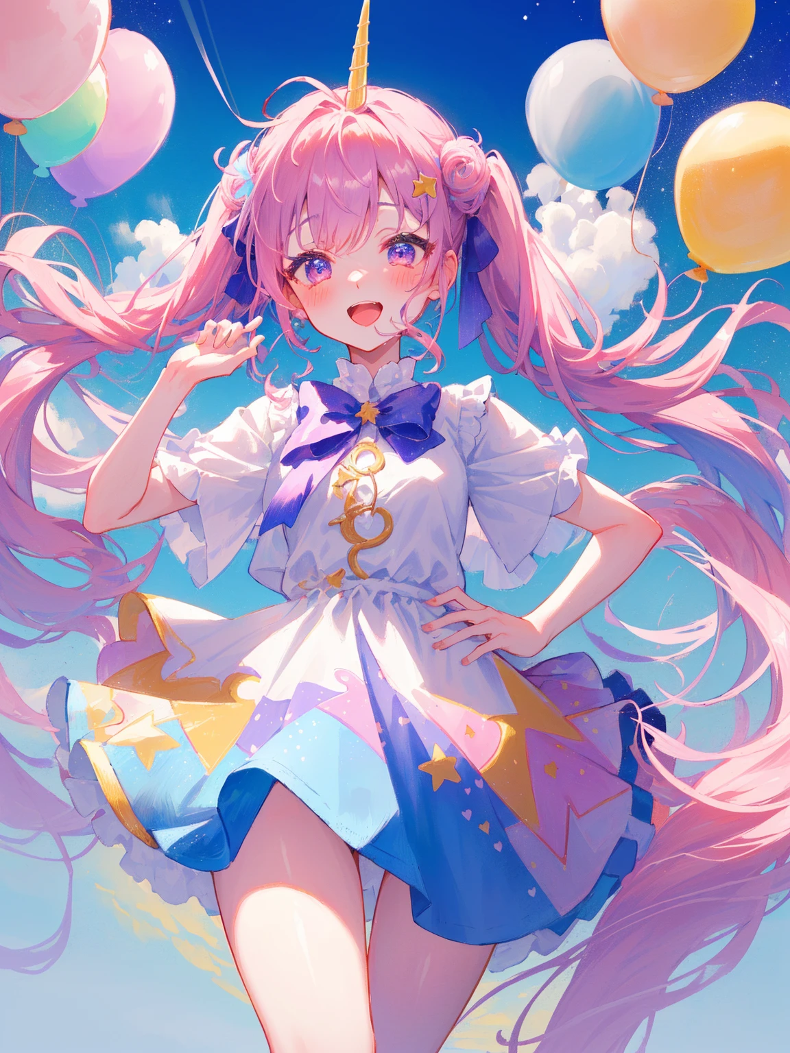 (whole body, legs and shoes visible: 1.2)) Expressive eyes, One girl, Pale skin, Long Hair, Windblown Hair, ((absurdly Long Hair)), Long Side Lock, Princess bangs, Hair bangs, Hair Bun, ((Very long twin tails)), Rainbow Hair, Light pink hair, blush, full face blush, big sparkling Pastel Purple eyes, (Gradient Eye), Laughing with your mouth open, cute pose, ((Holding a balloon : 1.3)) ((cute and pastel fashion)) ((🦄🎠🎈🎉 theme : 1.4)) A loose pastel dress, ((Dreamy multi-colored open dress)), (Floating ribbon), Lavender Frill, Pink frills, (Light blue lace), Removable short sleeves, Fluffy skirt, ((Rainbow and star printed skirt : 1.3)), ****ta Skirt, Purple ribbon, ((pom pom ribbon hair ornament : 1.4)), Multiple Bows, Striped lace stockings, (heart型のレッグガーター), cute (Pastel Purple) shoes ((Ultra-detailed clothing and fashion)) I&#39;m watching you, Vintage Girl, blush, (Beautiful attention to detail), (Highly detailed CG Unity 8k wallpaper) (Best Shadow), ((Very delicate and beautiful)), (Detailed light), ((Depth of written boundary)) Big Head, Big, bright eyes, Moe, Splash Art, Cinema Lighting, Front view, volumetric lighting maximalist photo illustration k resolution high resolution intricate detailed complex key visuals precise linear ((Dreamy pastel sky background, Surrounded by sunset clouds, shooting star, Castle above the clouds)) ((Ultra-detailed landscapes, Foggy clouds, Hung by balloons, heart : 1.3))
