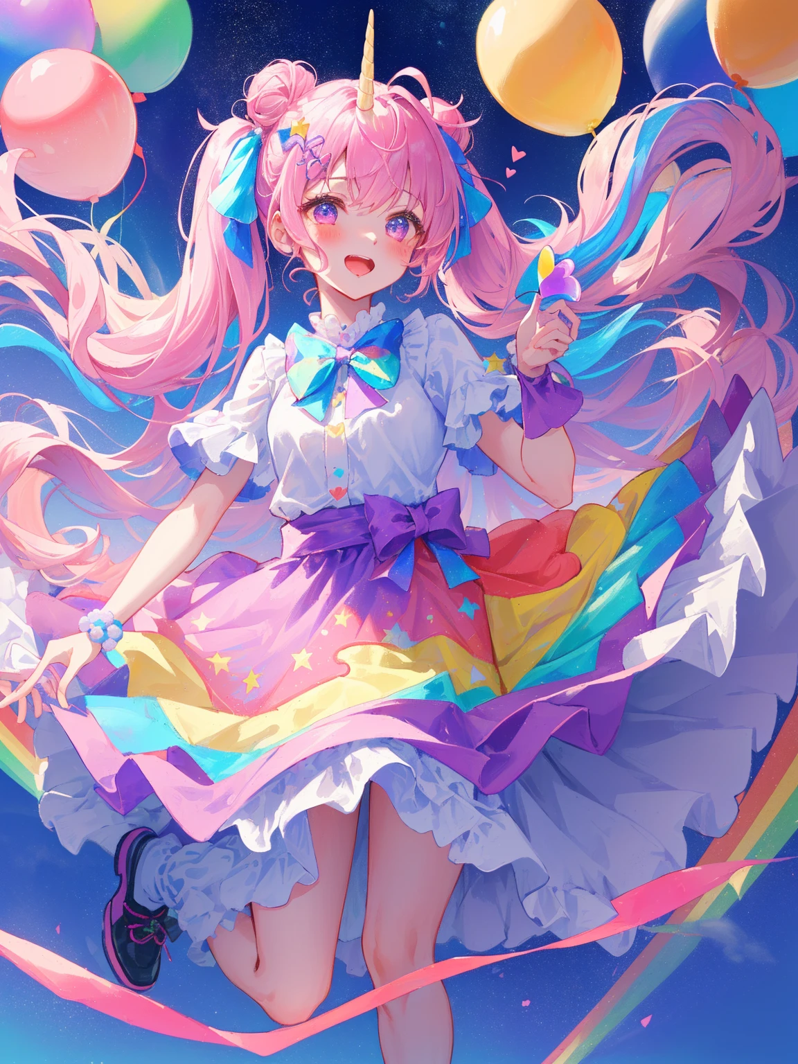 (whole body, legs and shoes visible: 1.2)) Expressive eyes, One girl, Pale skin, Long Hair, Windblown Hair, ((absurdly Long Hair)), Long Side Lock, Princess bangs, Hair bangs, Hair Bun, ((Very long twin tails)), Rainbow Hair, Light pink hair, blush, full face blush, big sparkling Pastel Purple eyes, (Gradient Eye), Laughing with your mouth open, cute pose, ((Holding a balloon : 1.3)) ((cute and pastel fashion)) ((🦄🎠🎈🎉 theme : 1.4)) A loose pastel dress, ((Dreamy multi-colored open dress)), (Floating ribbon), Lavender Frill, Pink frills, (Light blue lace), Removable short sleeves, Fluffy skirt, ((Rainbow and star printed skirt : 1.3)), ****ta Skirt, Purple ribbon, ((pom pom ribbon hair ornament : 1.4)), Multiple Bows, Striped lace stockings, (heart型のレッグガーター), cute (Pastel Purple) shoes ((Ultra-detailed clothing and fashion)) I&#39;m watching you, Vintage Girl, blush, (Beautiful attention to detail), (Highly detailed CG Unity 8k wallpaper) (Best Shadow), ((Very delicate and beautiful)), (Detailed light), ((Depth of written boundary)) Big Head, Big, bright eyes, Moe, Splash Art, Cinema Lighting, Front view, volumetric lighting maximalist photo illustration k resolution high resolution intricate detailed complex key visuals precise linear ((Dreamy pastel sky background, Surrounded by sunset clouds, shooting star, Castle above the clouds)) ((Ultra-detailed landscapes, Foggy clouds, Hung by balloons, heart : 1.3))
