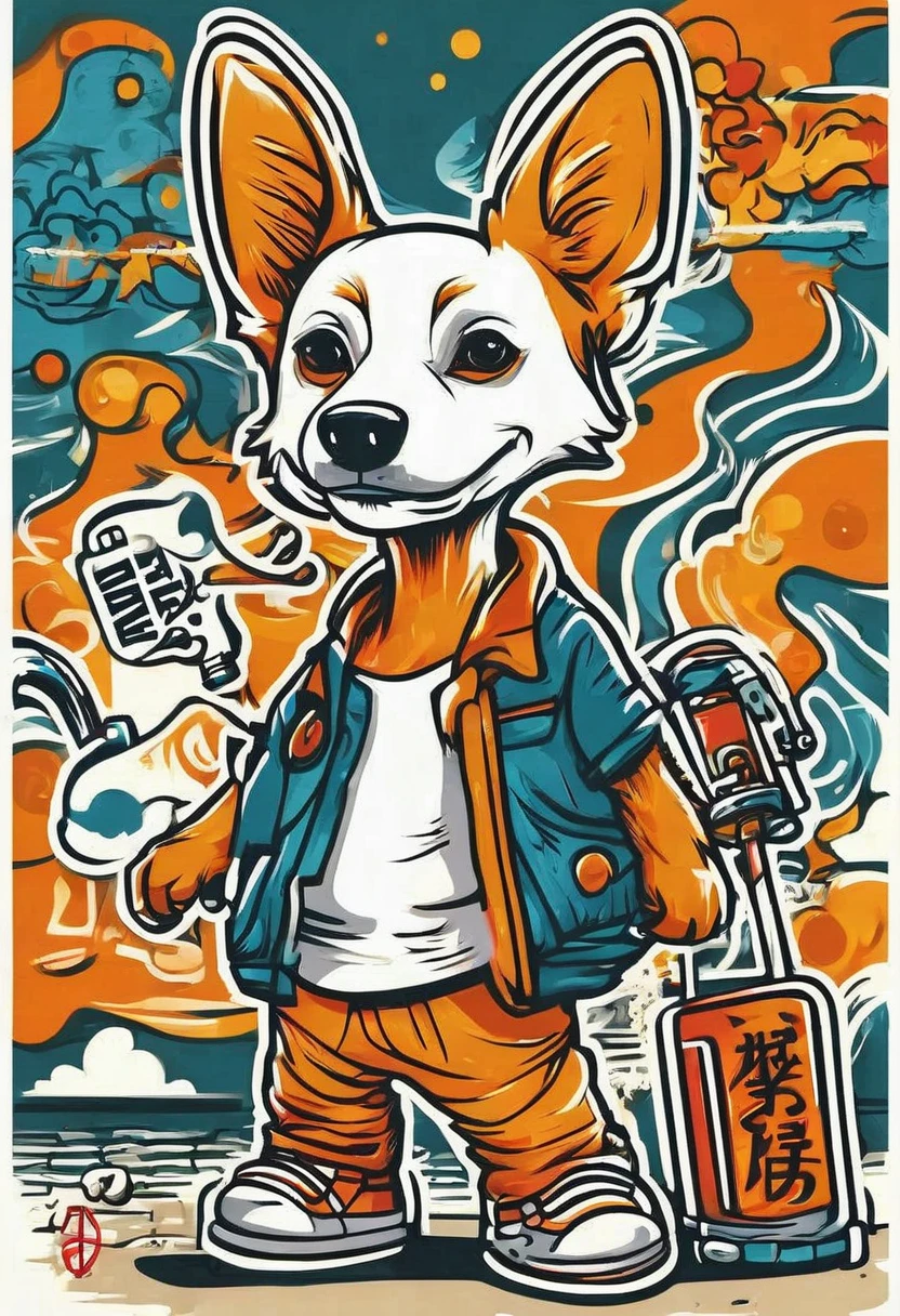"BEEN THER DONE THIS" typography, cool cartoon dog walk, minimalist design, thick outlines, typography, illustration, ukiyo-e, graffiti, poster. White background