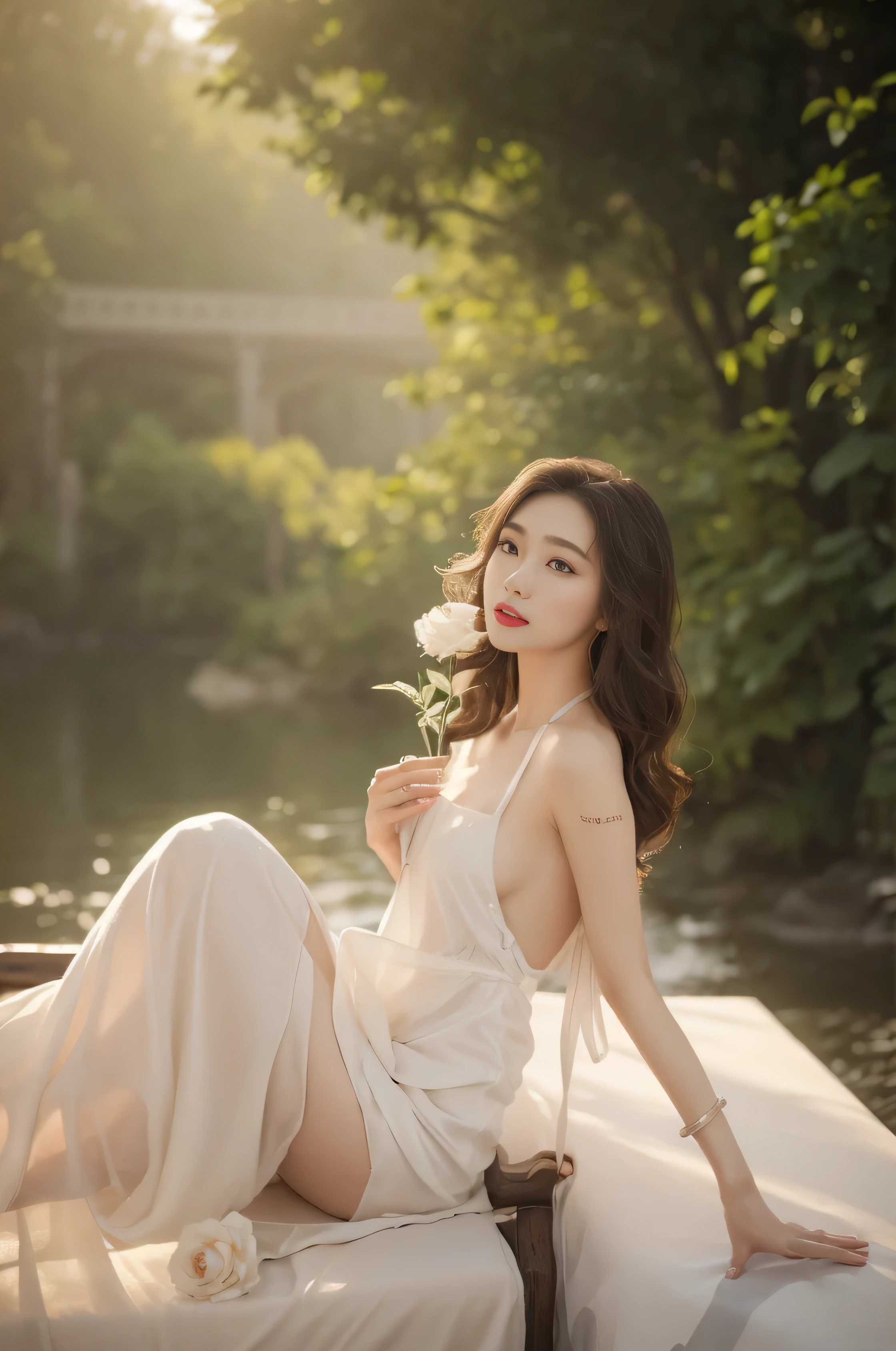glowing, (masterpiece, best quality:1.2), 1 girl, alone, ((off-the-shoulder clothes)), ((night)), lantern, candlelight, In the depths of Wonderland,The moonlight falls like water,foggy room,The figure of the heroine is vaguely visible,Just like the fairy in the painting,Slender sexy legs,very nice legs,Show sexy legs,big breasts,Beautiful with a hint of mystery。Her face is beautiful and delicate,Like finely carved jade,Showing otherworldly beauty。The eyebrows are picturesque,The waves in my eyes are like twinkling stars,Show the light of perseverance and wisdom。The bridge of the nose is straight,Lip color like cherry,The slightly raised corners of the mouth reveal confidence and calmness。Her face is well defined,The skin is as fair as jade,Reveals a healthy glow,Just like fairies, She never eats fireworks in this world。Her makeup is light and delicate,Not too much embellishment,But enough to show her temperament and charm。Light-colored foundation brings out the transparency of the skin,A light eyebrow pencil outlines her perfect eyebrow shape,Eye makeup is eye shadow and eyeliner,Make her eyes brighter and more energetic。Lips painted with grace lipstick,Adds a bit of charm and sophistication。Her clothes are graceful and chic,Clothes fluttering,It seems like it will be blown up by the wind at any time,drifting into the distance。Without losing grace,Also showed off her extraordinary skills。Rocking with her movements。Her hair is tied back casually,Secure it with a hosta,A few strands of hair flutter gently in the wind,Adds a bit of softness。Her figure is looming in the fairyland,Like a big breastsbeautiful landscape,Attracted everyone's concern。She seems to be a fairy in wonderland,big breastsbeautiful、grace、mystery、and full of power。