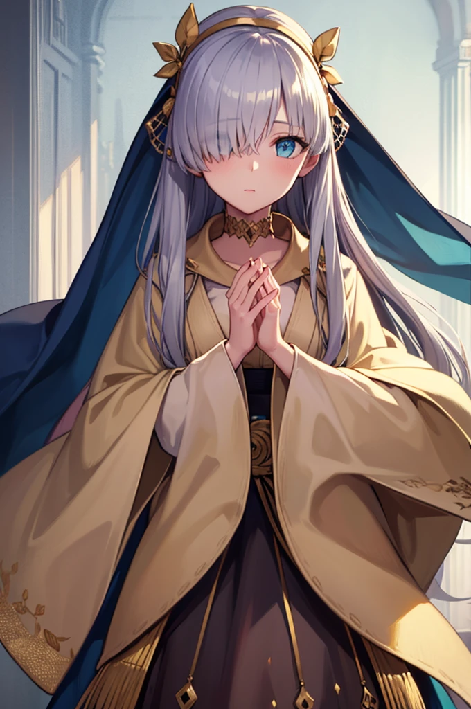 fgoAnastasia, Anastasia, blue eyes, Grey Hair, Hair between the eyes, (Hair on one eye:1.5), Long Hair, bangs,
break blue Cape, brown hair band, Cape, dress, Fur trim, hair band, Royal Robes, sash, tachi-e, white dress, Wide sleeves,
break looking at viewer,
break indoors,
break (masterpiece:1.2), Highest quality, High resolution, unity 8k wallpaper, (figure:0.8), (Beautiful attention to detail:1.6), Highly detailed face, Perfect lighting, Highly detailed CG, (Perfect hands, Perfect Anatomy),