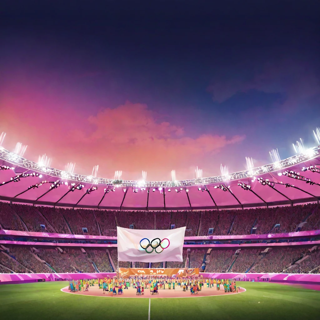 "An Olympic stadium at dusk, with the sky painted in hues of orange and pink. The stadium lights are just beginning to turn on, casting a warm glow over the field. The stands are filled with spectators holding colorful flags and banners. The Olympic rings are displayed prominently on the main stage. Athletes are preparing for their events, and there's a palpable sense of anticipation in the air. The scene captures the beauty and excitement of the Olympic Games."