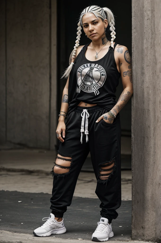 Generates a Venezuelan female criminal with white hair and pigtail braids, tattooed on her arms and dressed in torn black pants and a basketball shirt.