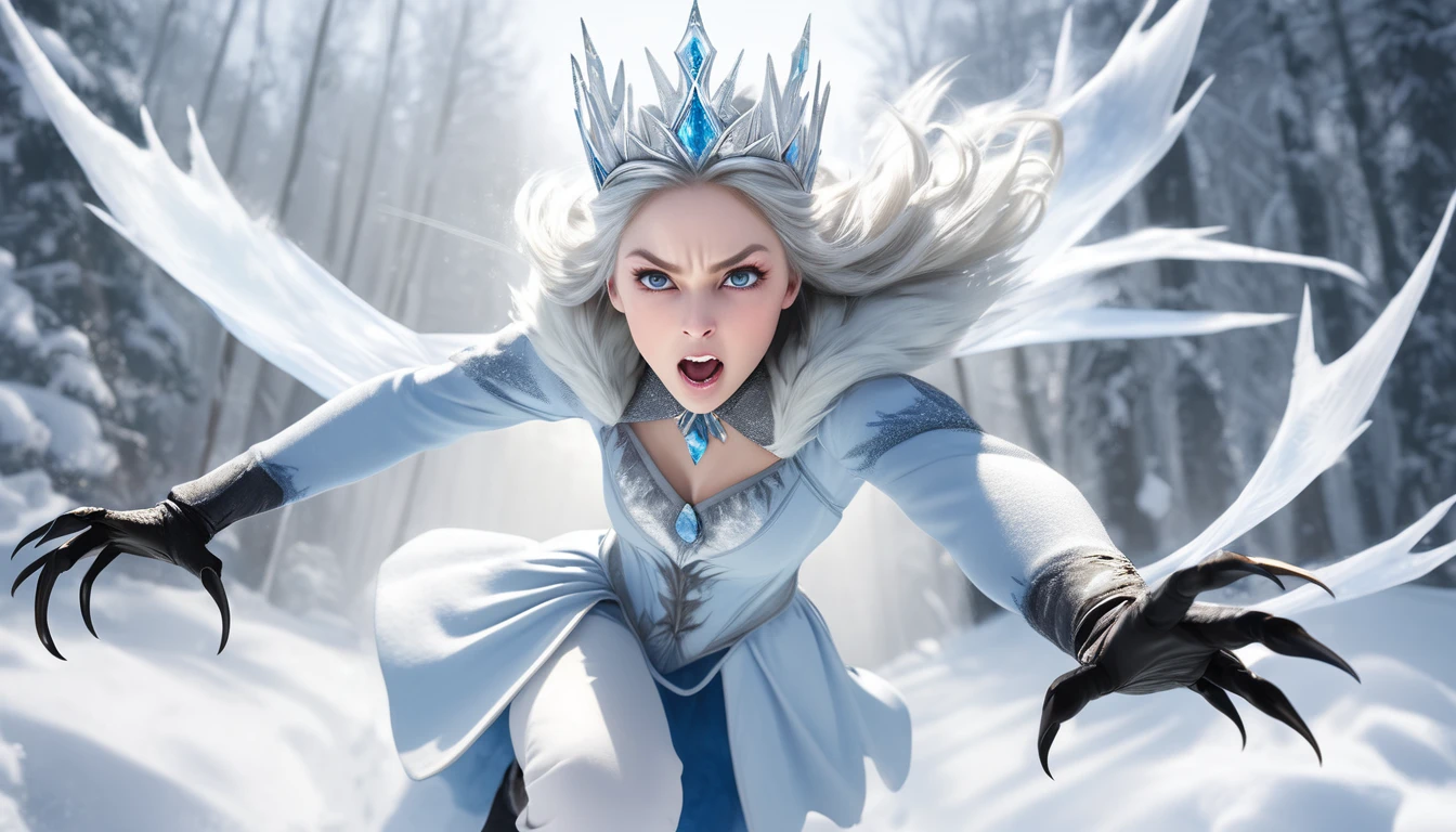 Realistic photos, RAW Photos, The snow queen, attacks viewer, Powerful movements, jump on prey, ((Dynamic jump)), Sharp Claws, The snow queen approaching from above, sudden approach, Bad-tempered, dynamic Shot from grand