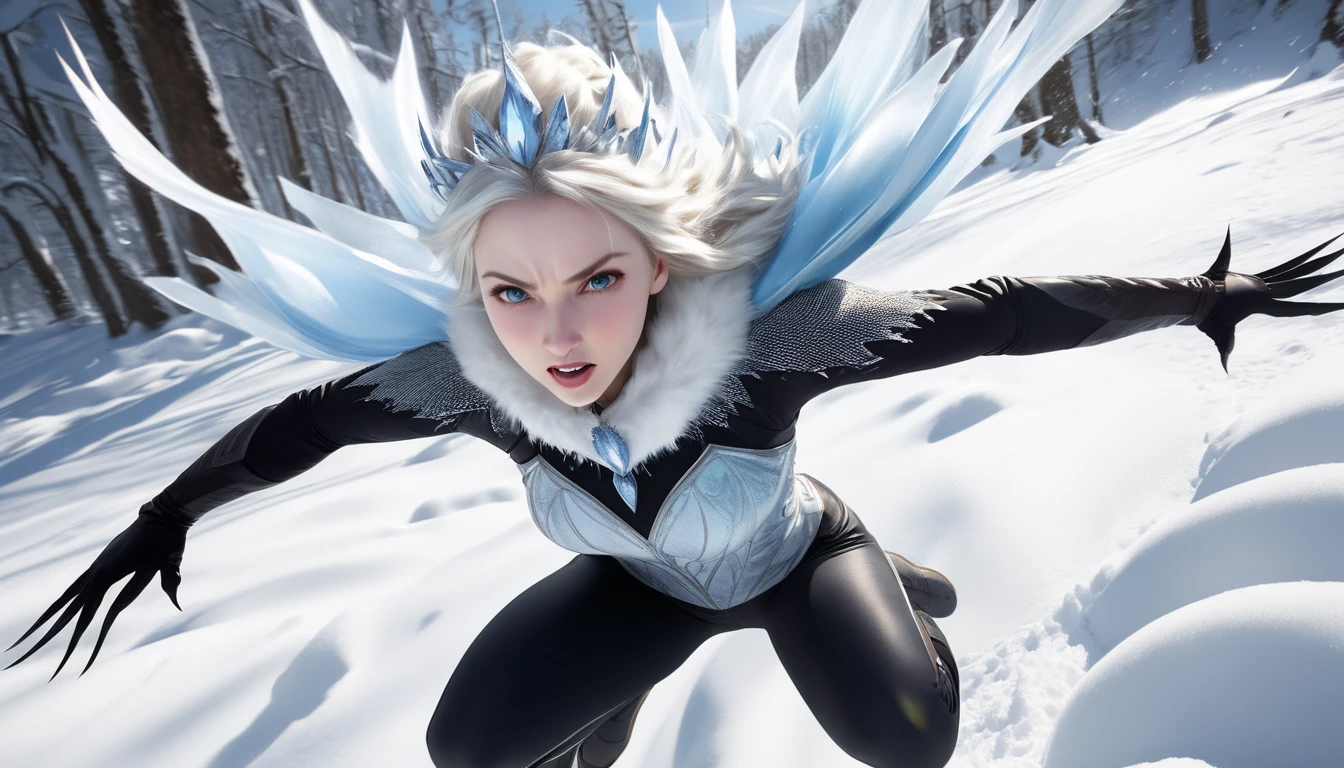 Realistic photos, RAW Photos, The snow queen, attacks viewer, Powerful movements, jump on prey, ((Dynamic jump)), Sharp Claws, The snow queen approaching from above, sudden approach, Bad-tempered, dynamic Shot from grand