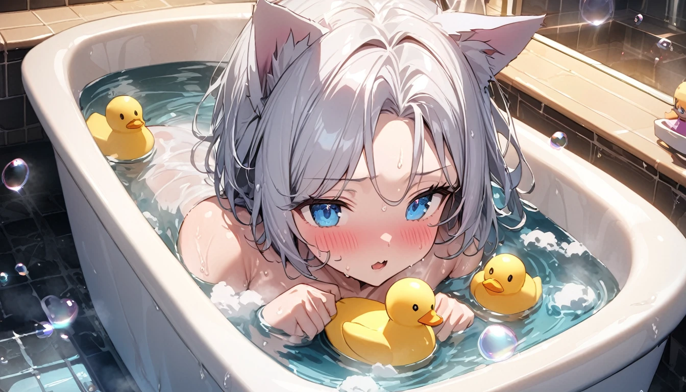 (((best quality)), ((masterpiece)), (details), masterpiece, best quality, high quality, ulutra detailed, perfect face, ((1girl, Blue eyes, cat ears: 1.3 silver bob hair: 2.5,)) 、Shiny Hair、Glowing Skin、blush、Lustful look、night、Wrap a towel around your body、Skin gets wet、valley、I can see bare feet、Victoria Bathtub、Floating duck doll、A lot of bubbles on the head、Bath time、Steam Effect、Soaking in the bathtub、Get into the bathtub、Bathroom Background、night、