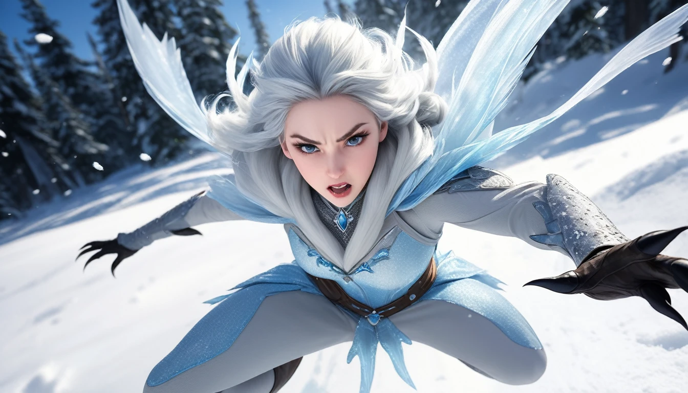 Realistic photos, RAW Photos, The snow queen, attacks viewer, Powerful movements, jump on prey, ((Dynamic jump)), Sharp Claws, The snow queen approaching from above, sudden approach, Bad-tempered, dynamic Shot from grand
