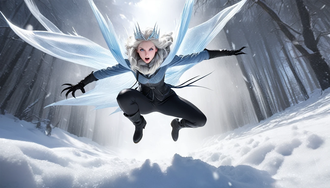 Realistic photos, RAW Photos, The snow queen, attacks viewer, Powerful movements, jump on prey, ((Dynamic jump)), Sharp Claws, The snow queen approaching from above, sudden approach, Bad-tempered, dynamic Shot from grand