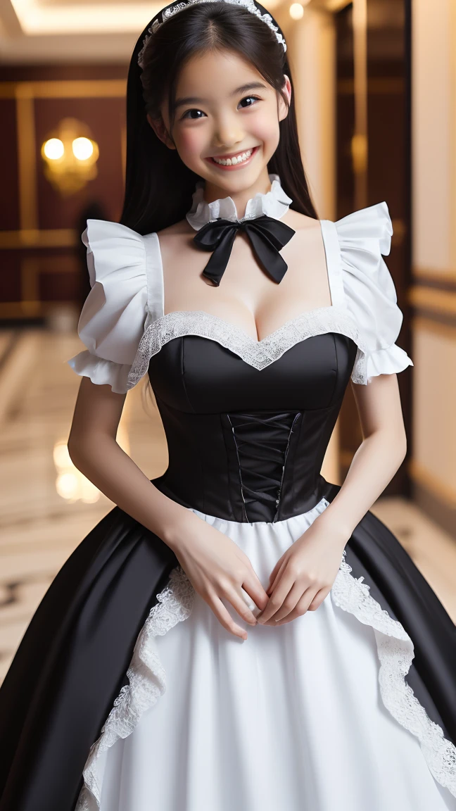 (highest quality、masterpiece、8K、Highest image quality、hyper realism、Award-winning work)、One maid、(Gorgeous Victorian black and white maid dress:1.1)、(A black and white maid dress with a long frilled skirt:1.1)、(Gorgeous black and white maid dress with extremely intricate details:1.1)、(Standing in the entrance lobby of the most elegant and luxurious luxury hotel:1.1)、the biggest smile when you look at me、upper body photo、accurate anatomy、cleavage、big breasts、emphasize body line、natural makeup、Super high-definition glossy skin、Super high-definition glowing beautiful skin、Ultra high definition glossy lips、Super high definition beautiful teeth