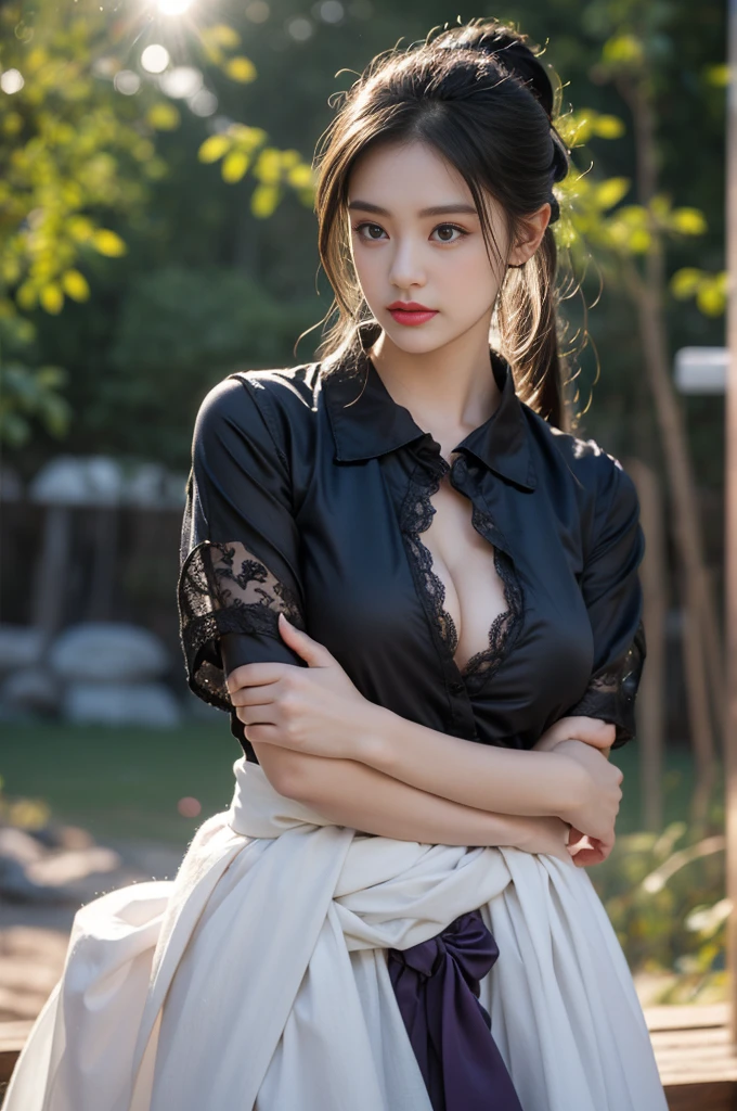 1 woman, high resolution, masterpiece, Anatomically correct, 最佳quality, detail, HD model, 高detail, 高quality, quality, Very detailed, Retina screen, Textured Skin, Ultra HD, Long hair, Black Hair, Big breasts(d), earrings, Blushing,Detailed nipple pictures,Exquisite facial features,人体model,model,Artistic pose,Hanfu,Chinese traditional clothing,Colorful clothes,Tang Dynasty Clothing,clothing,Tulle bellyband,Tulle material
