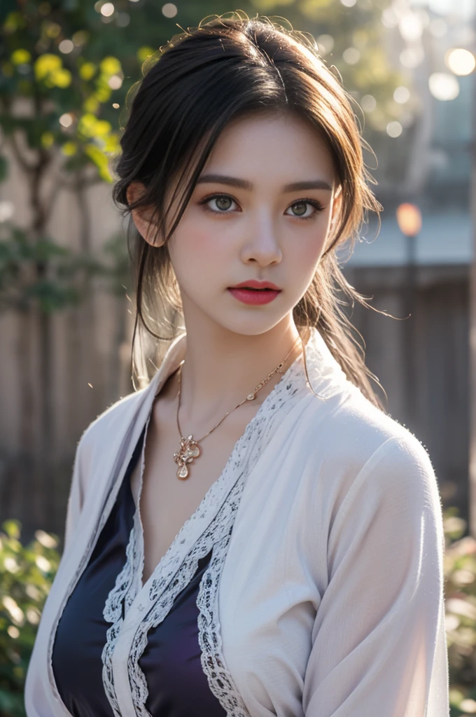 1 beautiful girl in Hanfu costume, ((black thin purple silk shirt with a lot of texture)), white lace top, long purple platinum ponytail Hair, Jewelry, ear jewelry, necklaces and necklaces, carefully drawn big purple eyes, makeup careful, thin eyebrows, high nose, beautiful red lips, no smile, pursed lips, rosy cheeks, wide breasts, big breasts, proportional breasts, slim waist, purple fishnet socks, chinese hanfu style, fictional art texture, colorful bright and realistic, RAW Photo, Realistic Photo, ultra high quality 8k surreal photo, (effective fantasy light effect: 1.8), 10x pixels, magical effect (Background): 1.8), ultradetailed eyes, full body portrait of girl , Chinese royal garden background, dynamic pose