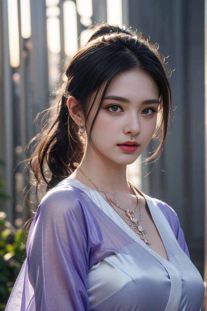 1 beautiful girl in Hanfu costume, ((black thin purple silk shirt with a lot of texture)), white lace top, long purple platinum ponytail Hair, Jewelry, ear jewelry, necklaces and necklaces, carefully drawn big purple eyes, makeup careful, thin eyebrows, high nose, beautiful red lips, no smile, pursed lips, rosy cheeks, wide breasts, big breasts, proportional breasts, slim waist, purple fishnet socks, chinese hanfu style, fictional art texture, colorful bright and realistic, RAW Photo, Realistic Photo, ultra high quality 8k surreal photo, (effective fantasy light effect: 1.8), 10x pixels, magical effect (Background): 1.8), ultradetailed eyes, full body portrait of girl , Chinese royal garden background, dynamic pose