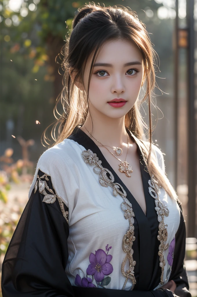 1 beautiful girl in Hanfu costume, ((black thin purple silk shirt with a lot of texture)), white lace top, long purple platinum ponytail Hair, Jewelry, ear jewelry, necklaces and necklaces, carefully drawn big purple eyes, makeup careful, thin eyebrows, high nose, beautiful red lips, no smile, pursed lips, rosy cheeks, wide breasts, big breasts, proportional breasts, slim waist, purple fishnet socks, chinese hanfu style, fictional art texture, colorful bright and realistic, RAW Photo, Realistic Photo, ultra high quality 8k surreal photo, (effective fantasy light effect: 1.8), 10x pixels, magical effect (Background): 1.8), ultradetailed eyes, full body portrait of girl , Chinese royal garden background, dynamic pose