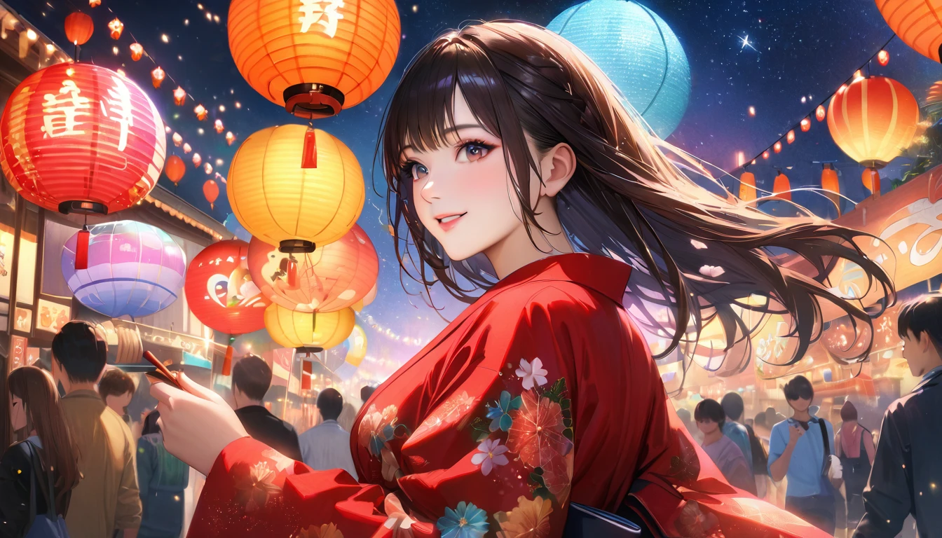 Summer festival,Date with her,night, Starry Sky,yukata,Gazing at the sky,high school girl,smile,Glitter effect,Highest quality, 8k, High resolution, masterpiece:1.2, Very detailed, Realistic:1.37, High resolution, 超High resolution, Ultra-fine painting, Very detailed, Professional, Vibrant colors