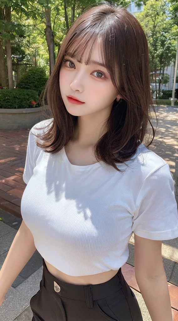 ((top quality, 8k, masterpiece: 1.3)), sensual woman, 1 girl, (slender figure: 1.2), dark brown hair, (outdoor, shirt, shorts: 1.1), ultra detailed face, detailed lips, detailed eyes, double eyelids, (huge breasts: 1.2)