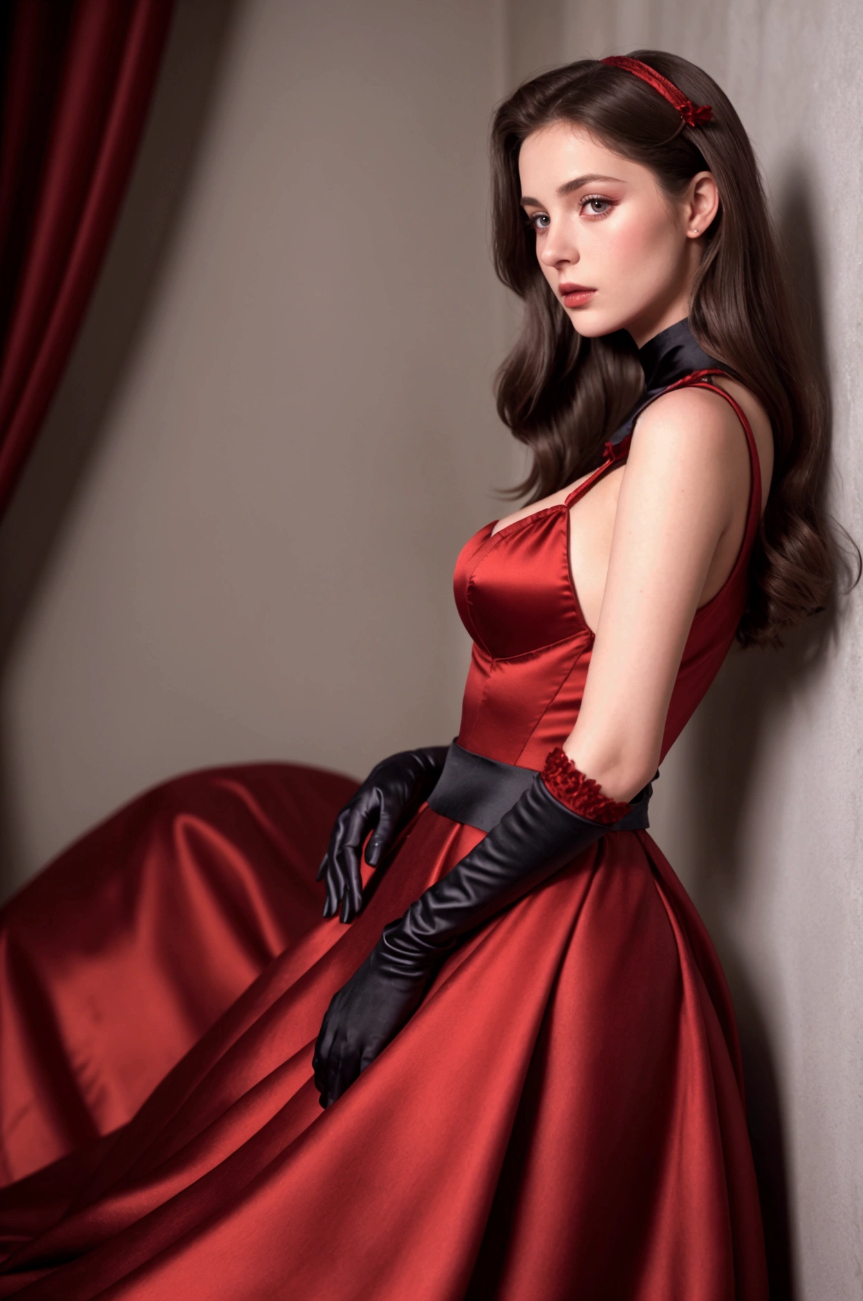 23 year old realistic brunette model with seductive look and red satin princess dress, avec des gants en satin noir. Elle porte un gros ruban de satin noir autour du cou. Elle est sur un lit à genoux et a l'dominant air