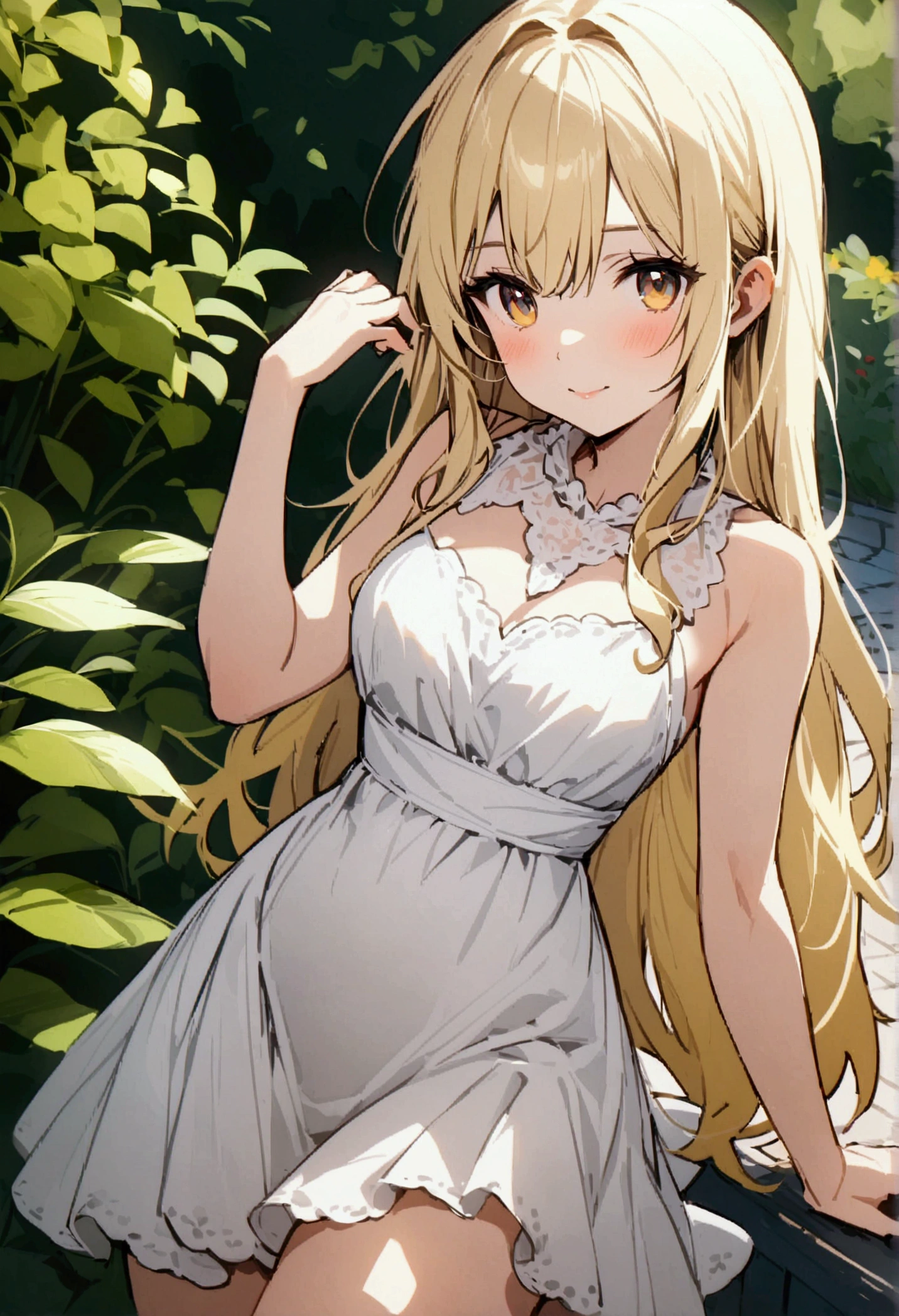 Blonde girl wearing a white fishtail dress is posing for a photo in the garden