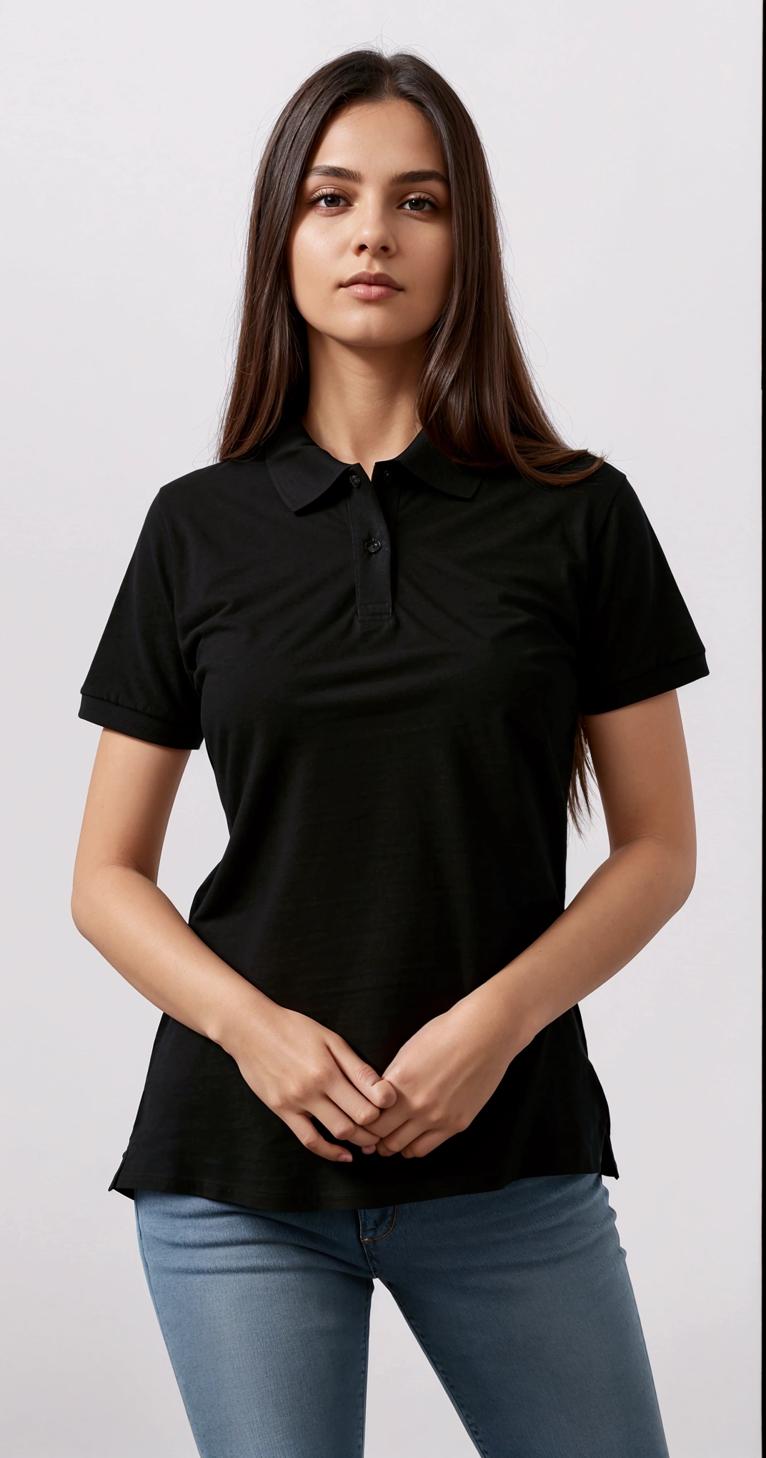 a woman in a black shirt polo and jeans poses for a picture, short sleeves, wearing polo shirt, collared shirt, front portrait, black, “organic, wearing a black shirt, or black, plain, black shirt, 3/4 front view, front-view, wearing a dark blue polo shirt, basic, black t shirt, collar on neck, no logo!!!