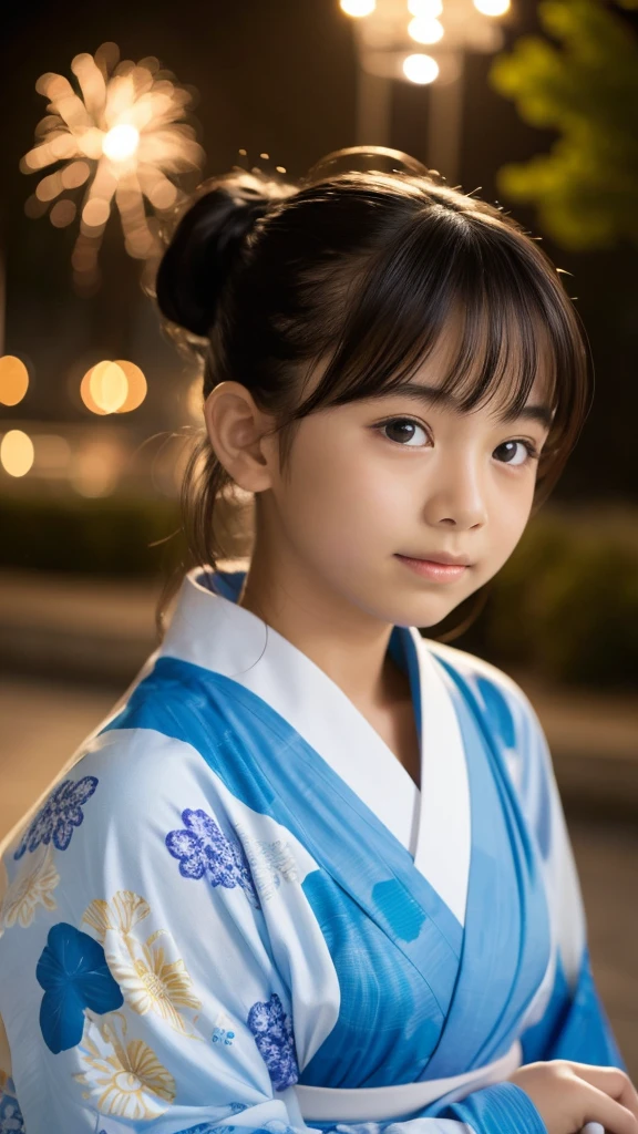  girl　Japanese　Light blue yukata　Realistic Skin Ponytail　night　Fireworks