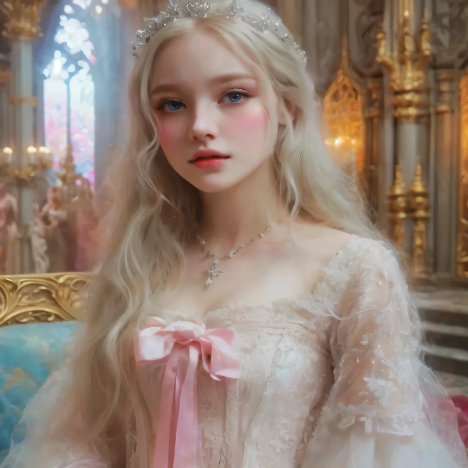 a, closeup, of, a, female, at, dress, and, tiable, blonde hair princess, 천상of 동화, pale porcelain white skin, porcelain pale skin, beautiful and languid princess, pale, snow white skin, Princess Portrait, Striking young celestial figure, Rococo Queen (Rococo Queen), beautiful elven princess, 아름다운 환상of 소녀, 보워터of 아트 스타일 없음, 요정 공주of 초상화