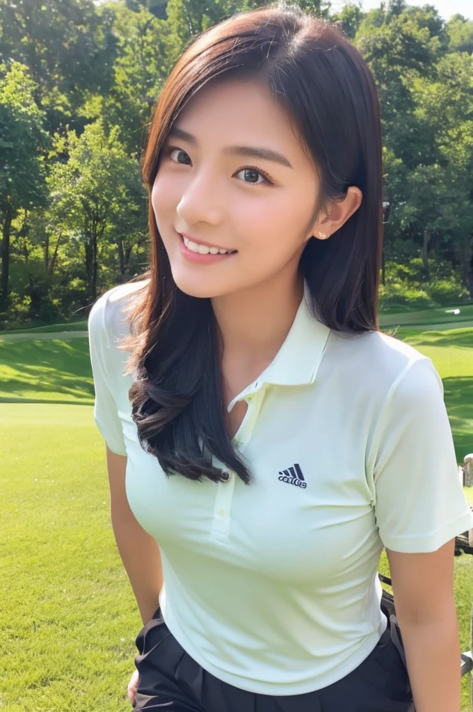 8K、High definition、Ultra Detail、Photorealistic、Realistic and accurate depiction、Realistic and accurate human anatomy、High resolution、Highest quality、Beautiful Japanese woman in golf wear, Detailed body, Live Action、beautiful girl golfer、cute、clear、The ultimate beautiful girl、Perfect Body Shape、Beautiful breasts、、Perfect Skin、Charm、Active、Black Hair、Japanese female professional golfers、cuteゴルフウェア、Random hairstyle with tied hair