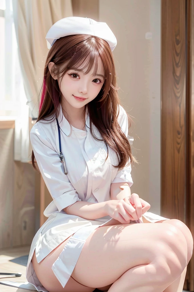 ((highest quality, 8K, masterpece :1.4)), highest real,Sharpness:1.3, Perfect Body Beauty:1.4,(pureerosface_v1:0.008), ((super real,best quality)),(soft lighting),super detailed face,top-quality,SUPER high resolution,Extraordinary beautiful girl,Detailed cute and beautiful face,facial hairs,Bangs that extend to the face,Bangs between the eyes,eye liner,Lush bust,fine eyes, double eyelid,((In-focus image,no blur)),,(((alone girl))),fine detail,highly detailed face and eyes, (cute face:1.6), my sister,18years old,(huge breasts:1.8,beautiful areola,small areola),----((NSFW:1.4))----------((make eye contact with the audience)),((Composition from the avobe:1.2)),-----(Inside the hospital, bright room, Marble floors, white concrete walls,large windows, sunlight shines in),(Beautiful BROWN hair:1.2, long Hair:1.2,CUTE HAIR STYLE),-----(SMILE FACE:1.4),PAIZURI:1.5.(((long penis, breasts blowjob:1.2)), (( penis is between breasts:1.2)),((Close your breast with both hands))),------(Squatting:1.4,arched back:1.3,place both hands on breasts:1.2),((close up face:1.2,upper body:1.2)),-----((Real short nurse uniform:1.2, white nurse uniform:1.2, white nurse cap:1.2)