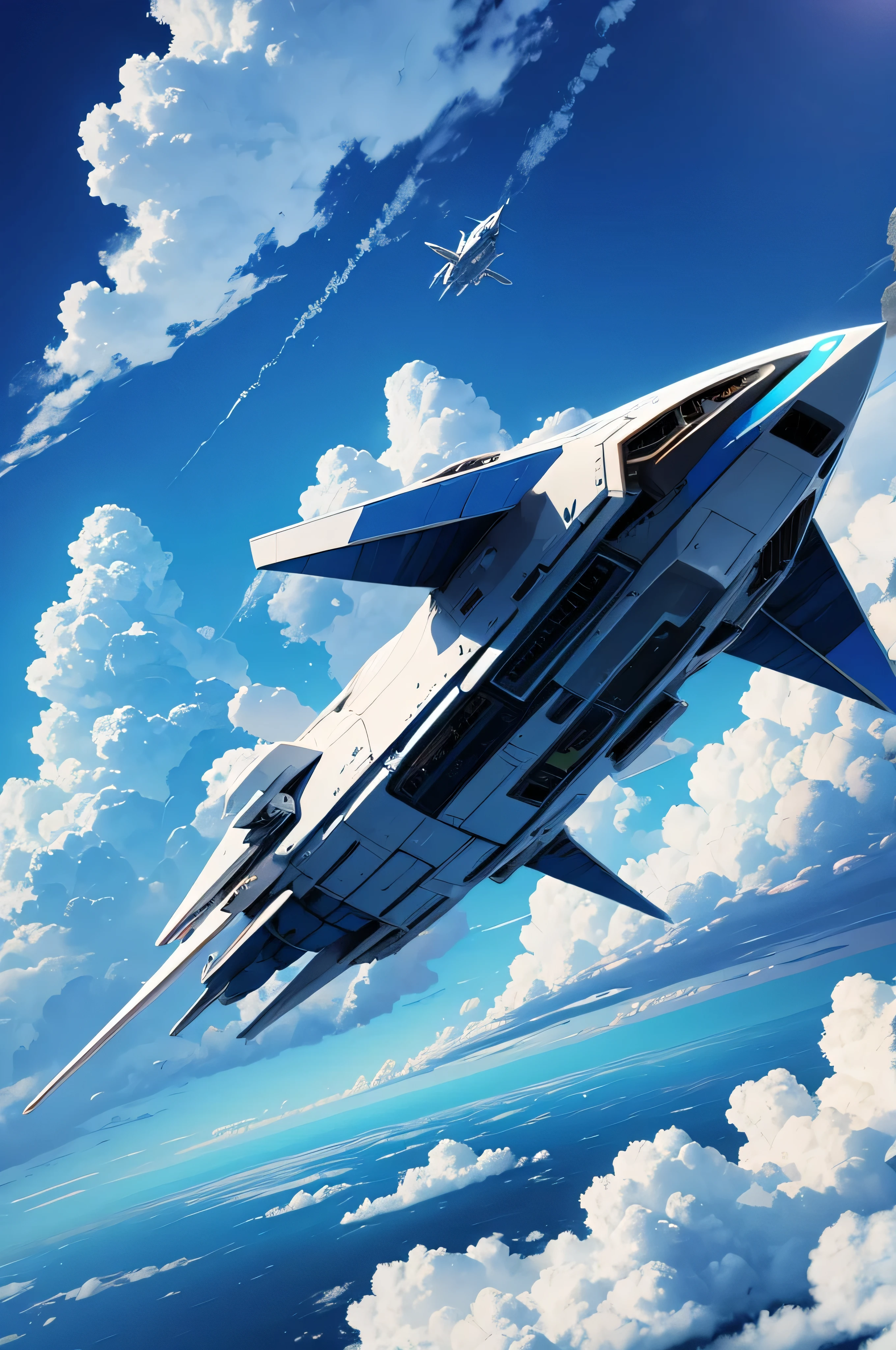a spaceship flying in the blue sky with clouds 