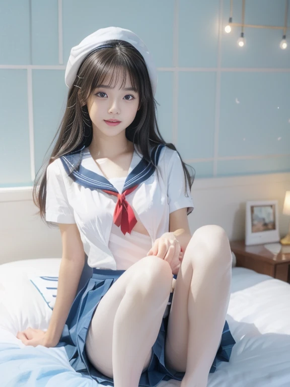 flatchest, (Normal hand),lying、arms up,white pantyhose、((Sailor suit)),((Short sleeve uniform white shirt)),(Red tie),(Blue mini pleated skirt), , white coat、smallbreast,,Firm and small breasts、Small breasts and exposed nipples,legs spread、knee bent, sitting、A beautiful -yeld giwith a cute look and a cute personality,long hair 、Beautiful Face、Beautiful and cute eyes hidden by long bangs,Light blue eyes、Showing breasts and nipples,Love hotel bed,(Ultra-realistic), (figure), (Increased resolution), (8k), (Very detailed), (Best figure), (Beautiful and detailed), (Highest quality), (Super detailed), (masterpiece ), ( wallpaper), (Detailed face)、