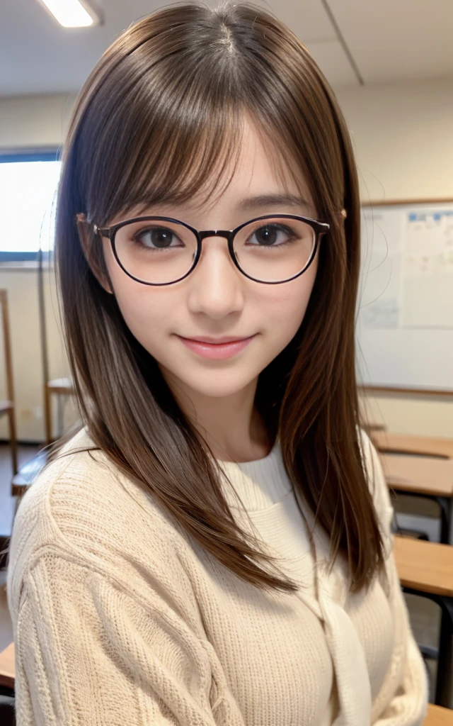 Cute 22 year old Japanese、School、University、During class、study、Highly detailed face、Pay attention to the details、double eyelid、Beautiful thin nose、Sharp focus:1.2、Beautiful woman:1.4、(Light brown hair,short hair、)、Highest quality、masterpiece、Ultra-high resolution、(Realistic:1.4)、Highly detailed and professional lighting、nice smile、No exposure、Cute Winter Clothes、Round Glasses、freckles、No makeup