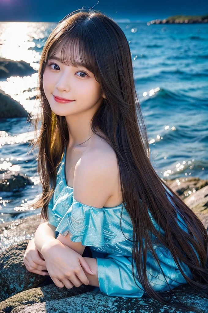 (highest quality, 32k, High resolution, Masterpiece:1.5, ), marimo_jet, Transparent air, The brilliance of youth, An award-winning masterpiece with incredible detail, Beautiful Japanese Girls, An exceptionally beautiful face, Shiny brown hair, ((Beautifully groomed long hair)), Asymmetrical bangs, Hair between the eyes, Beautifully trimmed, thin eyebrows, Magical big eyes, Moist black eyes, Beautiful double eyelids, smooth and transparent skin, Pale pink lips, Natural Makeup, Rich expression of emotions, (A gentle smiling face:1.3), Lightweight silk blouse, blue plaid pleated skirt, sit, Absolute area, High resolutionの美しい太もも, Luxury Cruising, Beautiful, clear blue sea stretches to the horizon, Gentle sunlight, detailed blue sky, Professional Lighting, Professional Photographer, Professional models
