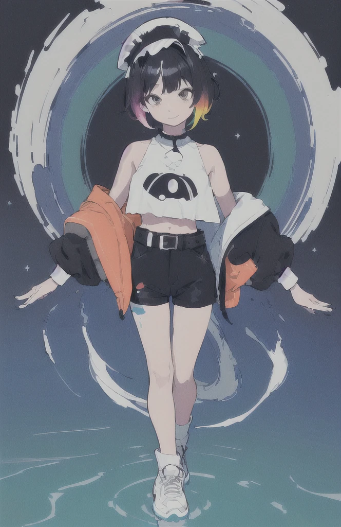 (((best quality)), ((ultra detailed)), ((masterpiece)), illustration,(oasis),(lakes),(detailed clear background),(clear background),(detailed light),lighting,(clear sky),night,stars,starry sky,moon light,(detailed clear water-drop:1.1),(ripple:1.1),(lake:1.1),((Colorful aurora)),
1girl, solo, ((full body)),(detailed face), highest details, medium hair, messy hair, watery eyes, two-tone hair, gradient hair, multicolored scrunchie black cropped jacket,Complex headwear,bare shoulders, cutout above navel, detached sleeves, puffy short sleeves, black shorts, black belt, over-kneehighs, sneakers, arms at sides, Walking slowly on the water,head tilt, light smile,light rays, (high contrast),(((Colored paint background)))