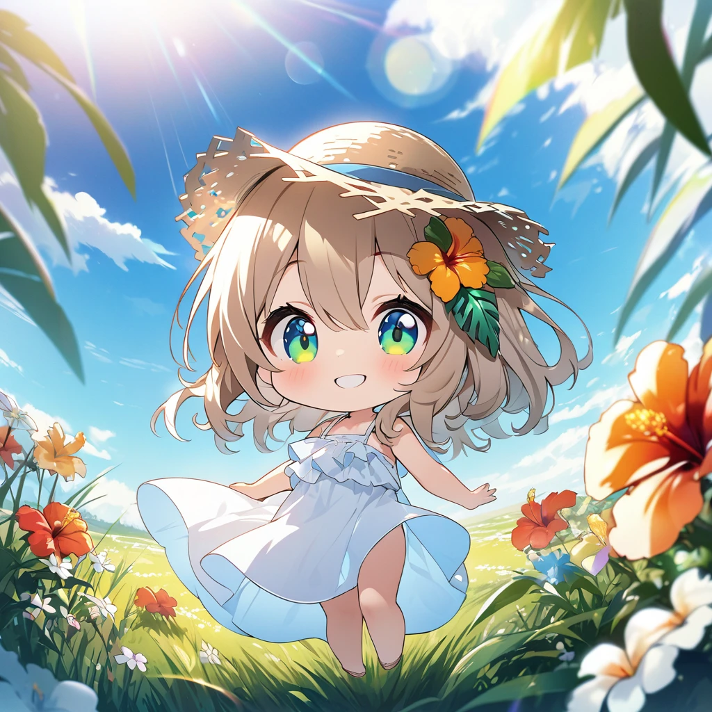 masterpiece, best quality, 4k、2D illustration, one beautiful girl, solo、(((chibi style)))、((vivid colors))、cute chibi, lovely chibi、((colorful))、((long beautiful hair)), glossy light brown hair, hair between eyes, cute, beautifully detailed eyes、((white summer dress))、((straw hat))、hibiscus hair ornament, flip-flops, ((happy smile))、((full body shot))、((summer grasslands))、((gentle breeze))、((blue sky))、sunbeam, white light, ((lens flare)), ((high color saturation)),